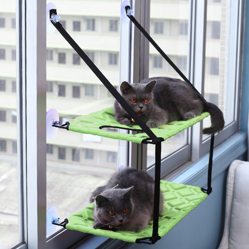 Katteseng til vinduet med sugekopper der en katt ligger og ser ut
