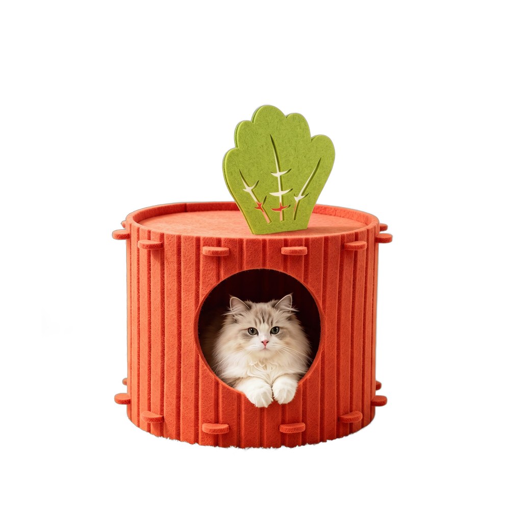 Kattehule formet som gulrot med katt som titter ut