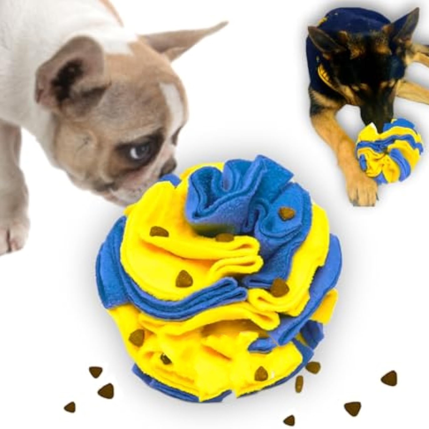 gul og blå snuseball til hund